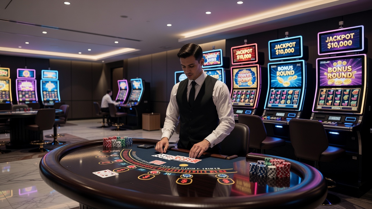 Verschiedene Casino-Spiele wie Slots und Roulette-Tische in einem modernen Spielsaal