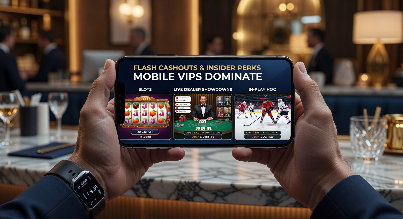 Live-Dealer-Tisch mit VIP-Spieler am Smartphone, umgeben von Slot-Symbolen und Eishockey-Puck in Action