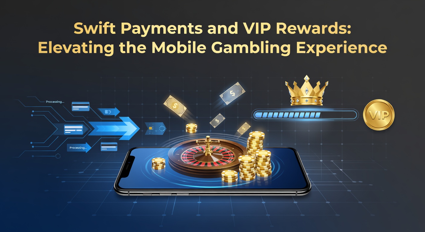 Smartphone mit Casino-App und schnellen Zahlungsoptionen im Vordergrund, umgeben von Symbolen für Instant-Zahlungen und VIP-Status